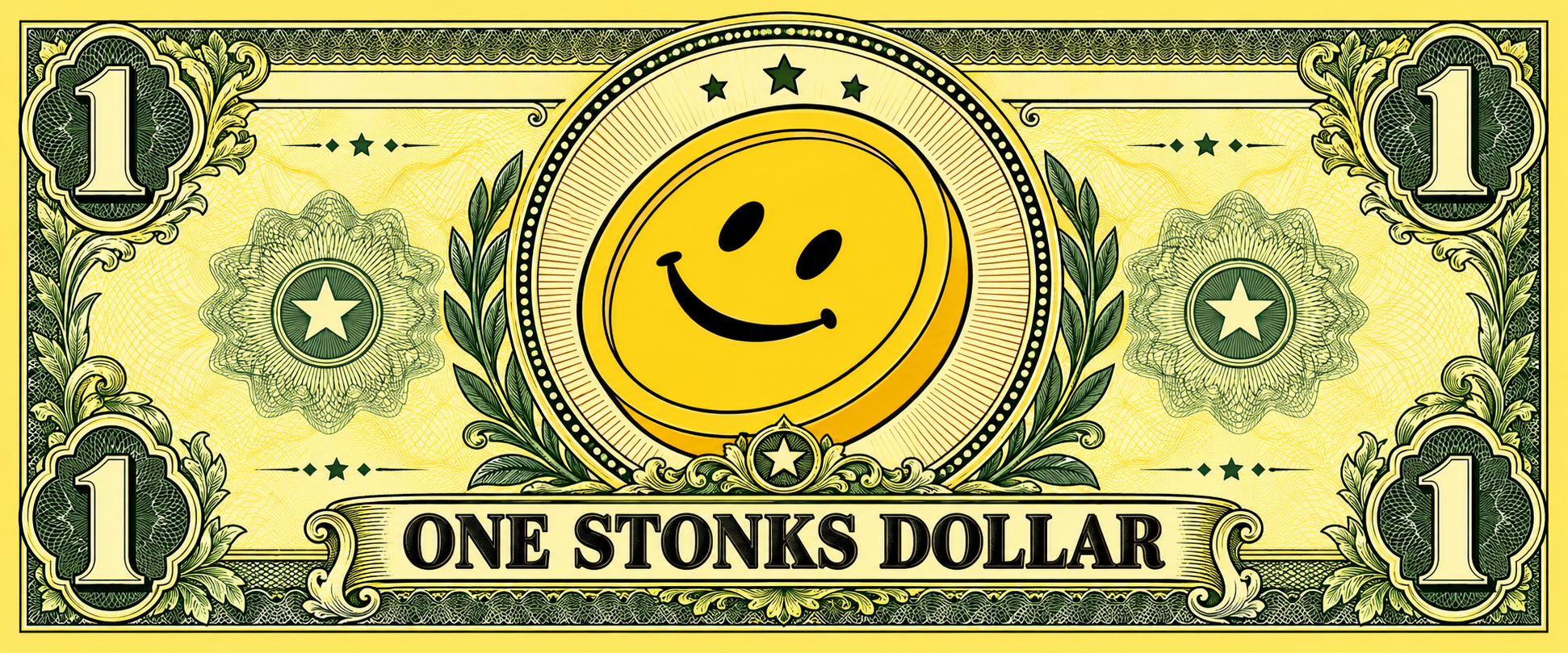 A smiling golden one-dollar coin surrounded by ornate green banknote details